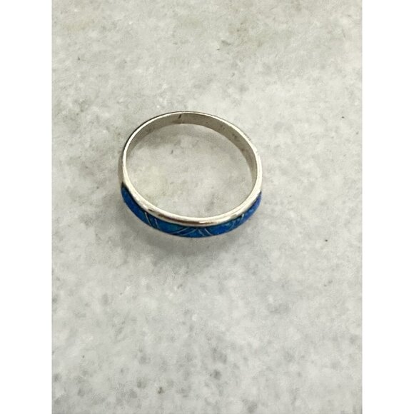 Navajo Zuni Made Blue Lab Opal 4mm Inlay Ring Size 8 w/ Gift Box - Picture 5 of 7